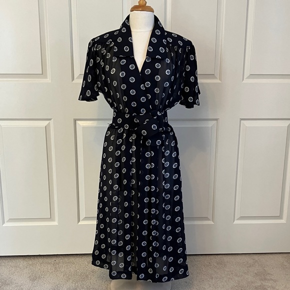 Leslie Fay Navy and White Sheer Print Midi Dress - Picture 1 of 9